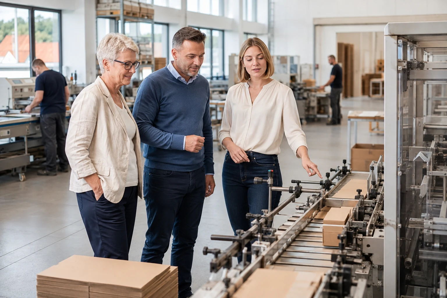 Drei Personen besichtigen eine Produktionsanlage